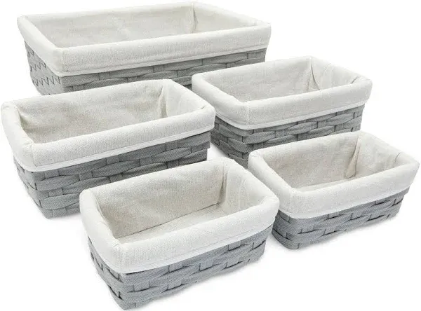 5 Pack Wicker Nesting Baskets with Cloth Lining for Pantry Shelves, Rectangular 