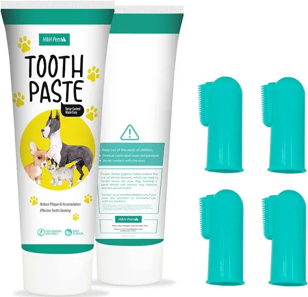 H&H Pets Dog Toothbrushes and Toothpaste Best Professional Cat & Dog Finger Tooth Brush, Dog Brush Set, Perfect for Dogs and Cats, Dog Supplies - Size Small 4 Count 3.5 Oz Toothpaste (100g)