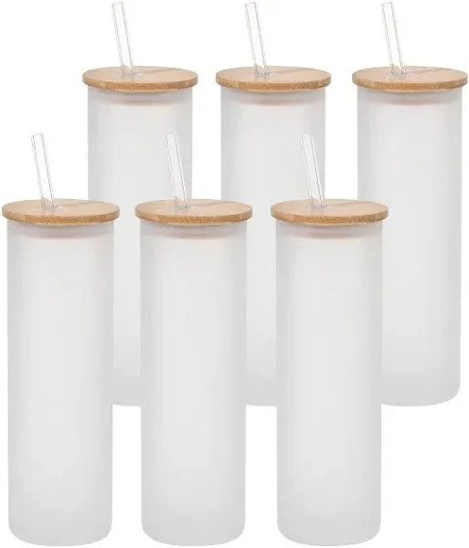 PYD Life Sublimation Glass Blanks Tumbler Skinny Straight Frosted 20 oz with Bamboo Lid and Glass Straw Jar Tumbler Cups Mugs