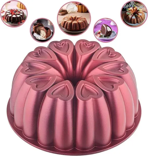 Heart Shape Aluminum Cake Pan, Titanium Coating, Non-Stick, 12 Cups, Heavy Duty, Mothers Day Bundt Cake Pan, 10 Inch Baking Mold, Cast Aluminum Fluted Tube Pan, Easy to Clean (Red)