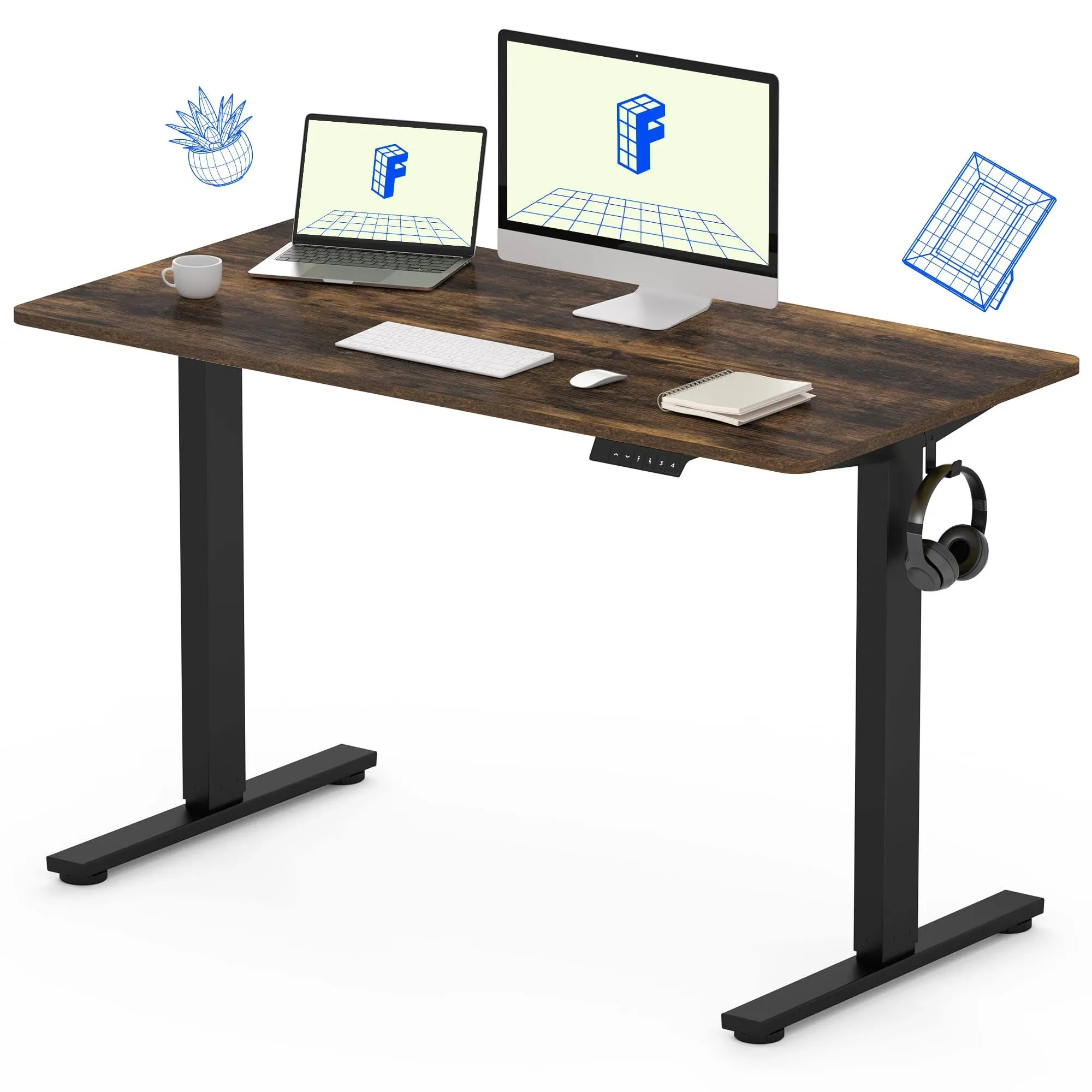 FLEXISPOT EN1 One-Piece Electric Height Adjustable Standing Desk, 48 x 24 Inches Electric Sit Stand Desk Home Office Desks (Black Frame + Rustic Top, 2 Packages)