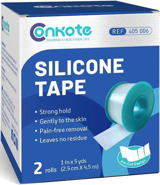 Conkote Pain-Free Removal Silicone Tape 1" x 5 Yards, Strong Adhesion and Hypoallergenic, Good for Sensitive Skin, 2 Rolls