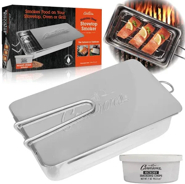 Camerons Gourmet Mini Stovetop Smoker - Stainless Steel BBQ Smoker Box w/Hickory Wood Chips & Recipes- For Indoor & Outdoor Use- Great for Smoking Thanksgiving Dinner - Barbecue Grilling Gift for Men