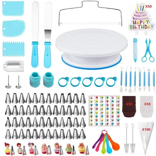 340 Pcs Cake Decorating Kit with Cake Turntable &amp; Leveler55 Numbered Icing Pi...