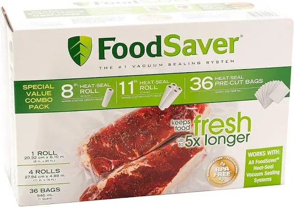 FoodSaver Special Value Vacuum Seal Combo Pack 8&#034; &amp; 11&#034; Rolls 36 Pre-Cut Qt Bags