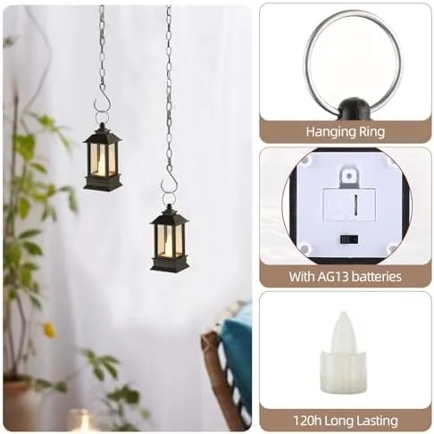 24 Pcs Mini Decorative Candle Lantern - Indoor Portable Bulk Lantern Centerpieces with Flickering LED Candle for Wedding Halloween Christmas, Hanging Vintage Decor, Batteries Included