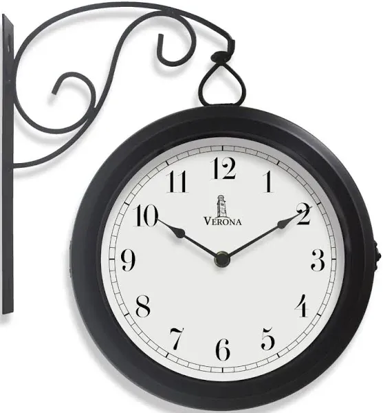 Metal Double Sided Wall Clock 10" - Decorative Indoor Outdoor Double Sided Clock - Easy to Read, Hanging Train Station Clock for Patio, Garden, Office & More - Antique Style Outside Corner Clock Decor