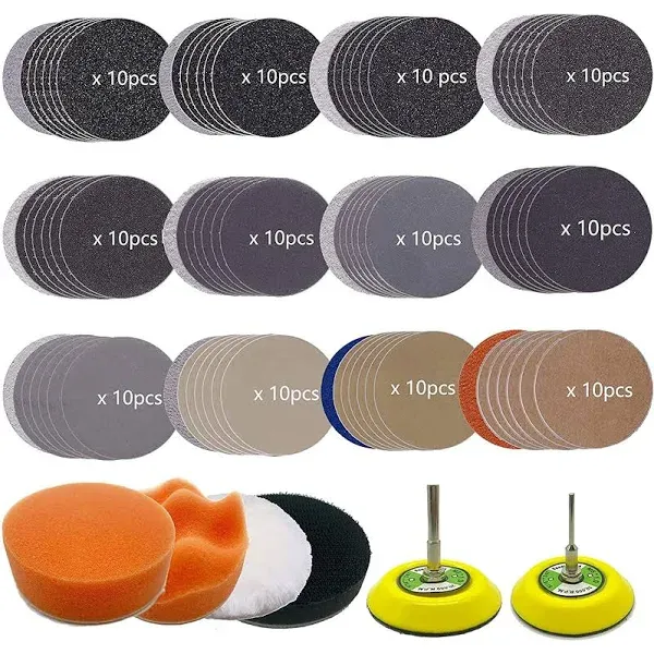 3 Inch Sandpaper Grit 60-10000 Wet Dry Sander Sheets with 1/8"&1/4"Shank Backer Plate and Soft Foam Buffering Pad Grinding Abrasive Sponge Sanding Disc Pad Kit for Wood Metal Mirror Jewelry Car 128pcs