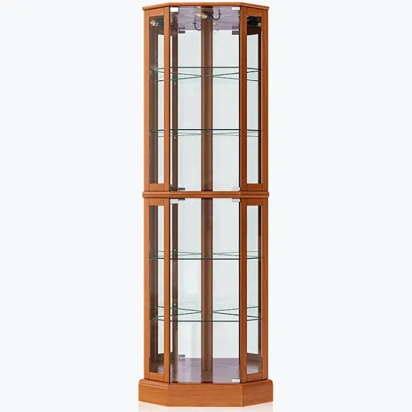 Belleze Lighted Curio Cabinet Corner Display Case for Living Room, China Hutch with Tempered Glass Doors and Shelves, Wooden Accent Cabinet, Bar and