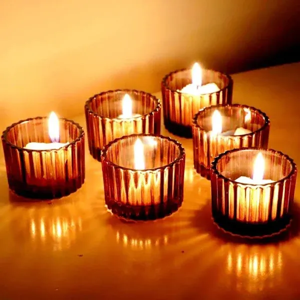 VOHO Amber Tealight Candle Holder Set of 12, 2'' x 1.4'' Glass Brown Small Votive Candle Holders Home Decoration, Clear for Table Centerpieces and