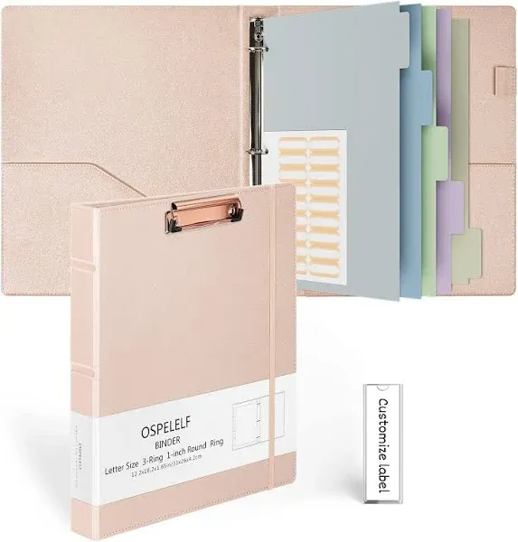 Ospelelf Vintage Hardcover 3 Ring 1 inch Leather Binder, Professional Binder Organizer Suitable for Letter Size, Binder Dividers with Tabs, Faux Glitter Rose Gold Leather