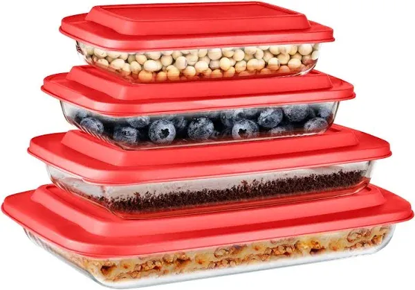 SereneLife 4-Piece Glass Baking Dish with Lids Set - Heavy Duty Rectangular Glass Baking Pan with BPA-Free Lids, Oven-Safe Bakeware for Lasagna, Meats, Desserts, & More - Dishwasher Safe, Red