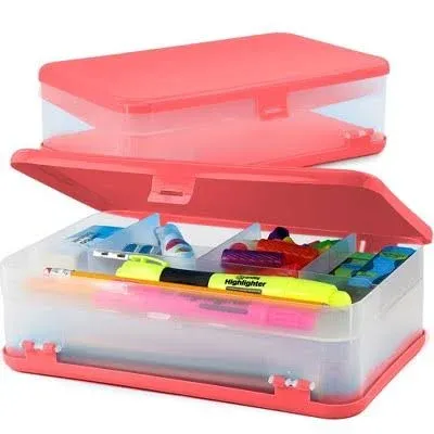 Enday Pencil Box Pink, Large Capacity Plastic Double Deck Box with 12 Compartments, Plastic Pencil Box with Snap-Tight Lid, Hard Pencil Case Storage Organizer Pencil Boxes