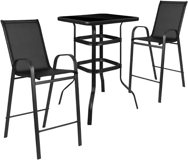 Flash Furniture Brazos Bar Table Set - 3 Piece Glass Brazos Bar Table with 2 Black Patio Bar Stools - Brazos Outdoor Chairs