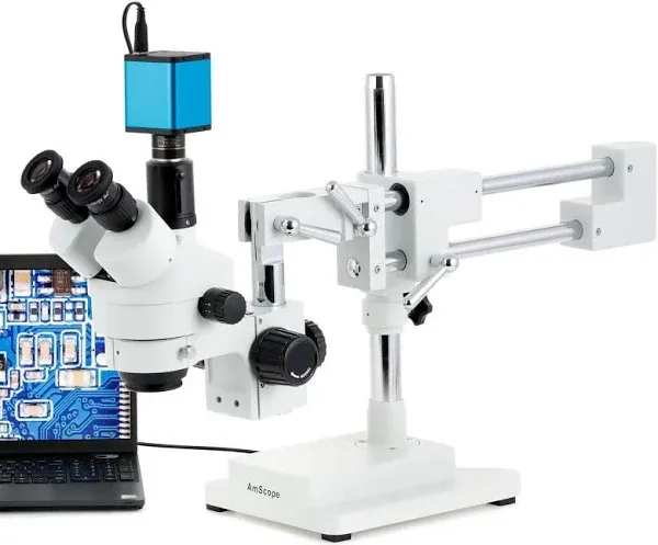 AmScope 7X-45X Simul-Focal Stereo Zoom Industrial Microscope Dual Arm Boom Stand