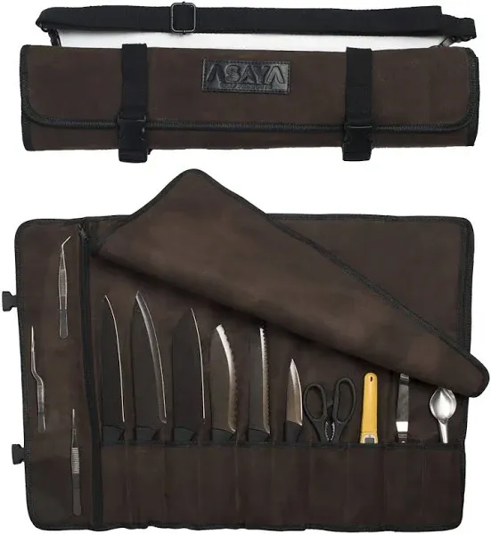 Asaya Canvas Chef Knife Roll Bag - 10 Knife Slots and a Large Zipper Pocket - Durable 10oz Canvas Knife Case with an Adjustable Shoulder Strap - Knives not Included