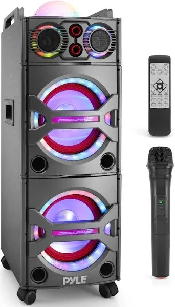 Pyle Portable Bluetooth PA Speaker System - 2000W Active powered Outdoor Bluetooth Speaker Portable PA System w/ Microphone In, Party Lights, USB SD Card Reader, AUX/RCA/FM Radio, Wheels - PSUFM1043BT