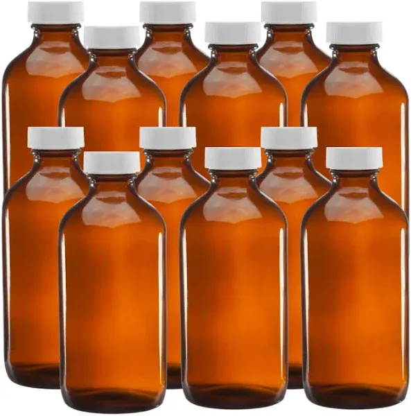 Glass Amber Boston Round Bottles - 16 oz - White Ribbed Cap - Pack of 12