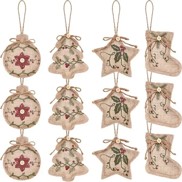 Jetec Rustic Christmas Burlap Tree Ornaments Farmhouse Hanging Decorations Christmas Stocking Tree Ball Shaped Decor for Christmas Party