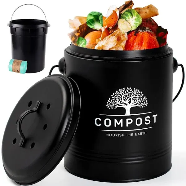 Perfnique Kitchen Compost Bin, 1.3 Gallon Countertop Compost Bin with Lid, Indoor Compost Bucket Includes Inner Bucket Liner and Carbon Filter