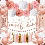 Upgraded Rose Gold Pink Birthday Party Decorations with Happy Birthday Banner,Cu