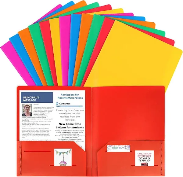 12 Pack Plastic Folders with Pockets, Multiple Color Heavy Duty 2 Pocket Lett...