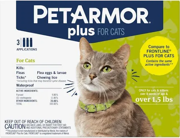 PetArmor Plus Cat Flea and Tick Over 1.5 lbs Squeeze on Treatment 6 Applications