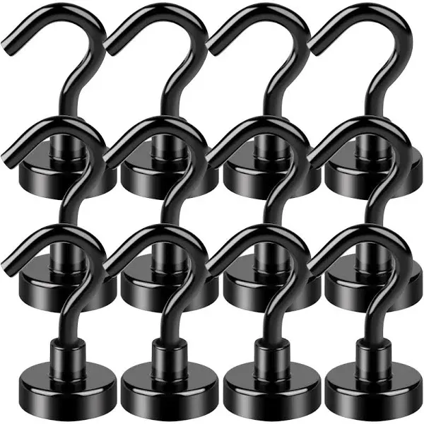 LOVIMAG Black Magnetic Hooks, 28Lbs Strong Magnetic Hooks Heavy Duty with Epoxy Coating for Refrigerator, Magnetic Cruise Hooks for Hanging, Classroom, Office, and Kitchen - Pack of 12