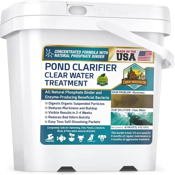 Pond Clear Water Treatment - 16 Pack for 8 Months of Pond Cleaner Supply - Pond Clarifier for Outdoor Ponds – 100% Natural Pond Bacteria Packets - Made in The USA - Safe for Fish, Pets, and Swimming