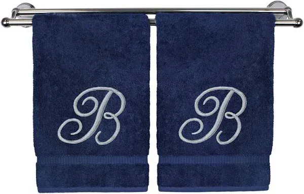 Silver Script Monogrammed Turkish Cotton 16x30-inch Hand Towel (Set of 2) - B (Blue - Navy - Cotton - Embroidered - 2 Piece)