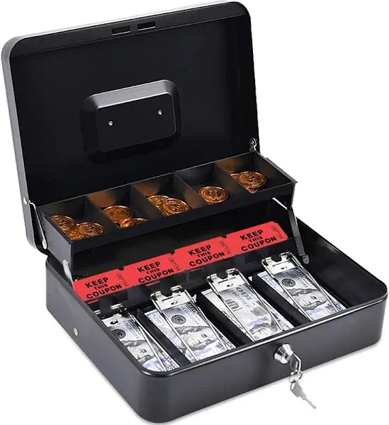 INFUN Cash Box with Money Tray, Durable Large Steel Money Boxes, 5 Compartment Tray, 4 Spring-loaded, come with 2 key, Black