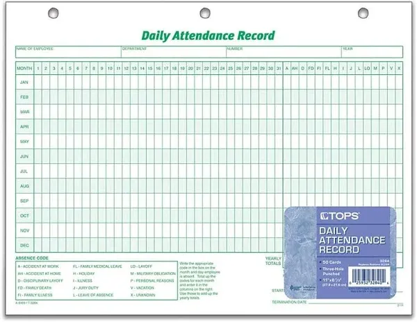 Tops Daily Attendance Card, 8-1/2" x 11" - 50 count