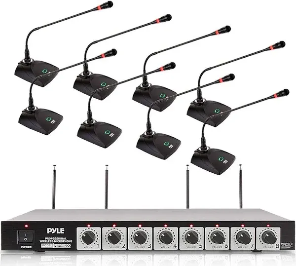 Pyle 8 Channel Wireless Microphone System - Portable VHF Cordless Audio Mic Set with 1/4" and XLR Output, Dual Antenna, - Includes 8 Table Top Mics, Rack Mountable Receiver Base - Pyle PDWM8300,Black