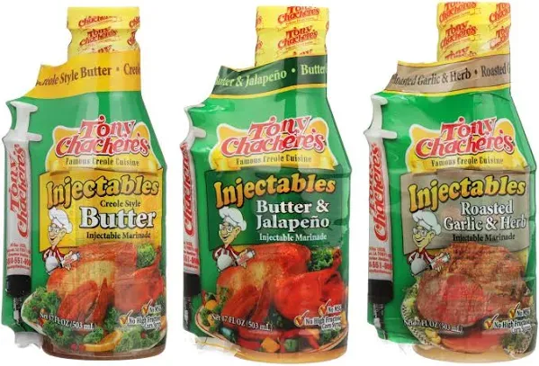 Tony Chachere Injectable Marinade Variety Pack, Butter Jalapeno and Roasted Garlic