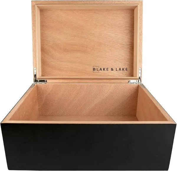 Blake & Lake Large Wooden Box with Hinged Lid - Wood Storage Box with Lid - Black Wooden Storage Box - Decorative Boxes with Lids (Matte Black)