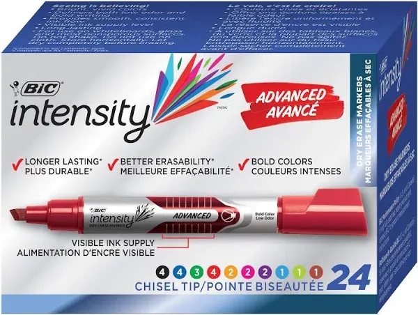 BIC Intensity Advanced Dry Erase Marker, Chisel Tip, Assorted Colors, 24 Pack