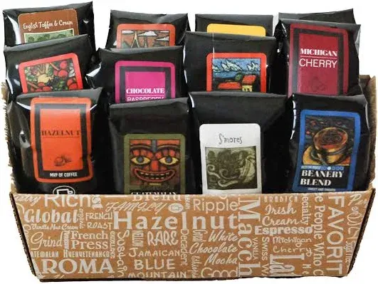 Indulgent Coffee Selection Gift Box | 100% Specialty Arabica Coffee | 12 Sample Bags of Medium Roast Ground Coffee