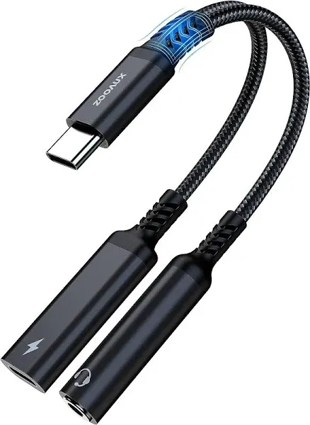 ZOOAUX USB C to 3.5mm Headphone and Charger Adapter,2 in 1 USB C to Aux Audio Jack with PD 60W Fast Charging Dongle Cable Cord for Galaxy S23/S22/S21/S20 Ultra, iPad Pro,Pixel(Black)