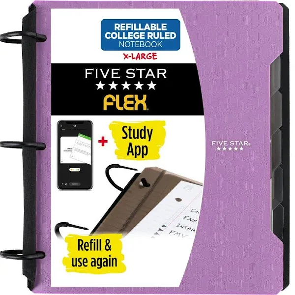 Five Star Flex Refillable Notebook + Study App, College Ruled Paper, 1-1/2 Inch TechLock Rings, Pockets, Tabs and Dividers, 300 Sheet Capacity, Purple (29324AB6)