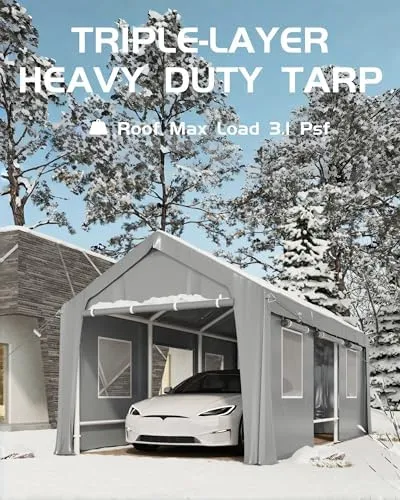 DEXSO 10'x20' Carport Windproof, Anti-High Wind Portable Garage, Reinforced Frames & 180 g PE Carport Canopy, with Front & Rear Doors, Shelter for Pickup, Boat, and Equipment, Silver Gray