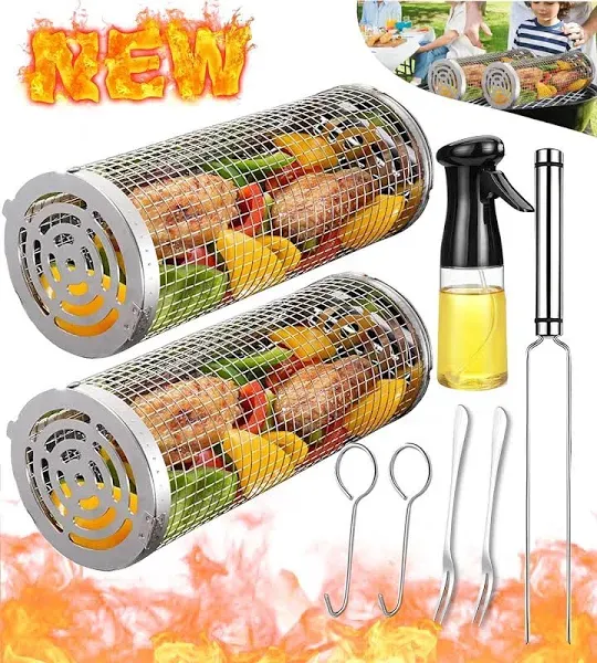 Rolling Grilling Baskets Outdoor Grill Bbq Stainless Steel round Mesh Barbecue 