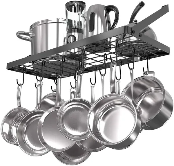 Vdomus Hanging Pot Rack, Wall Mounted Pots and Pans Holder 29.3 by 13 Inch - Kitchen Cookware Organizer for Pots and Pans Storage 15 Hooks, Ideal for Pans, Utensils, Cookware in Square Grid - Black