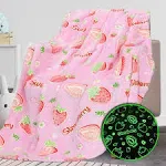 REXEO Flannel Throw Blanket, 50 x 60in, Glow in The Dark, Fluorescent Strawberry, Lightweight, Fiber Plush, for Girls Kids, Birthday Christmas Gifts