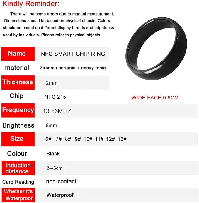 Waterproof Ceramic NFC Ring, NFC Forum Type 2 215 496 Bytes Chip Universal for Mobile Phone, All-Round Sensing Technology Wearable Smart Ring, Fasion Ring for Men or Women (11#, Black)