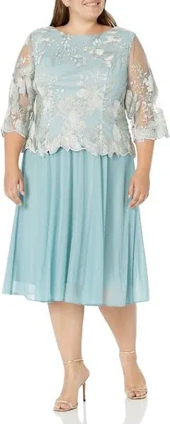 Alex Evenings Plus Tea-Length Dress with Sequin Lace Bodice & Chiffon Skirt Navy / 20W