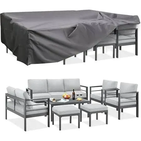 AECOJOY Aluminum Patio Furniture Set with Waterproof Cover, Modern Outdoor Patio Furniture with Coffee Table, 7 Pieces Outdoor Conversation Set with Dark Grey Cushions for Balcony, Porch, Lawn