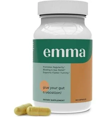 Emma Gut Health - Gas and Bloating Relief, Constipation, Leaky Gut Repair - Gut Cleanse & Restore Digestion - Regulate Bowel Movement. Probiotics and Laxative Alternative, 60 Capsules