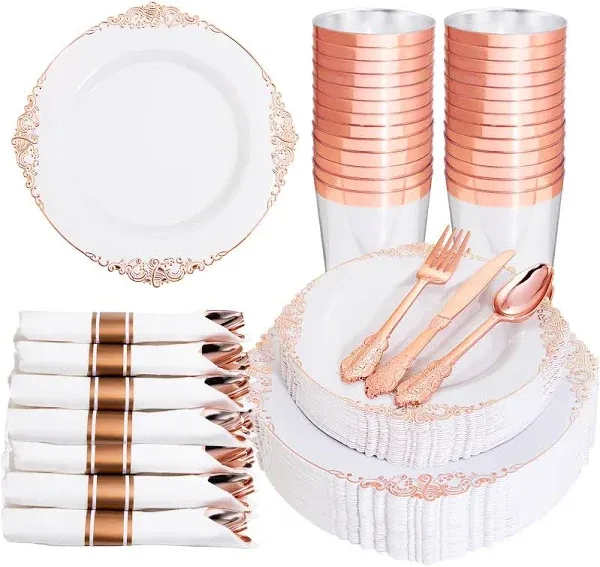 Prestee 350 Piece Rose Gold Plastic Dinnerware Set (50 Guests), Disposable 50 Plastic Rose Gold Plates Rim, 50 Pre-Rolled Linen-Feel Napkins with 50