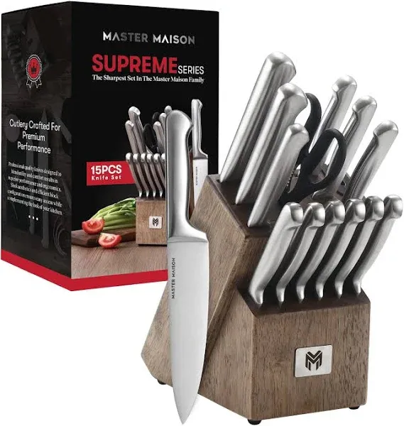 Master Maison 15 Pcs Black Wood Professional Knife Set - Stainless Steel Kitchen Knives With Dual Sharpener and Edge Guard Cover - Anti-Fatigue, Ergonomic, Full-Tang Triple-Riveted Handle