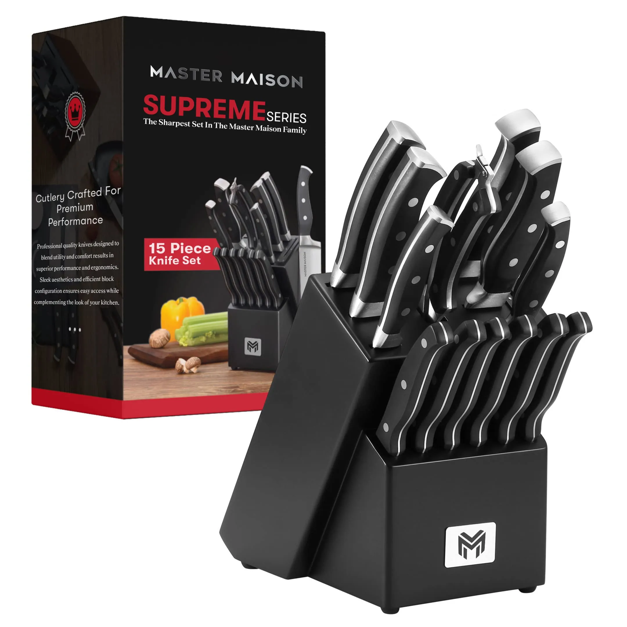 Master Maison Supreme Series 15 Piece Knife Set in Black Block Sharpest Kitchen